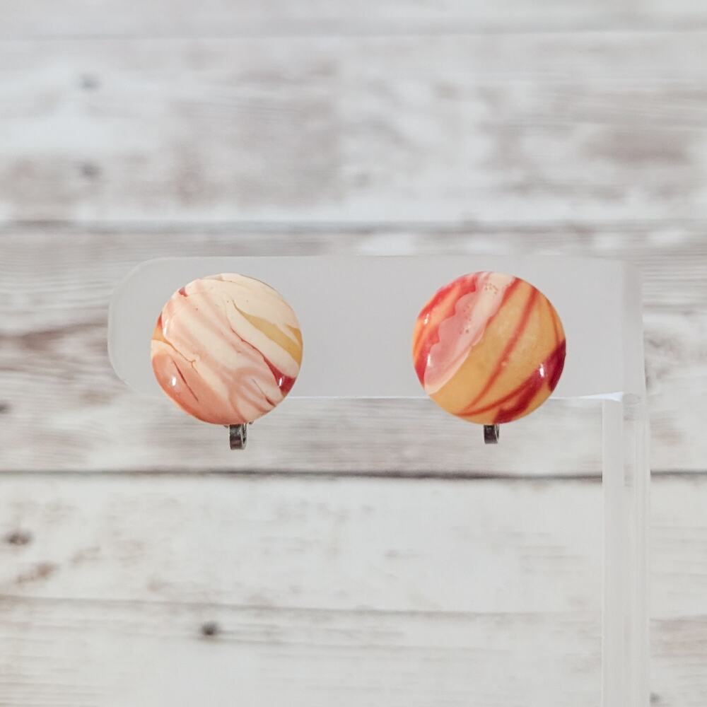 Vintage Clip On Earrings Red & Cream Marbled